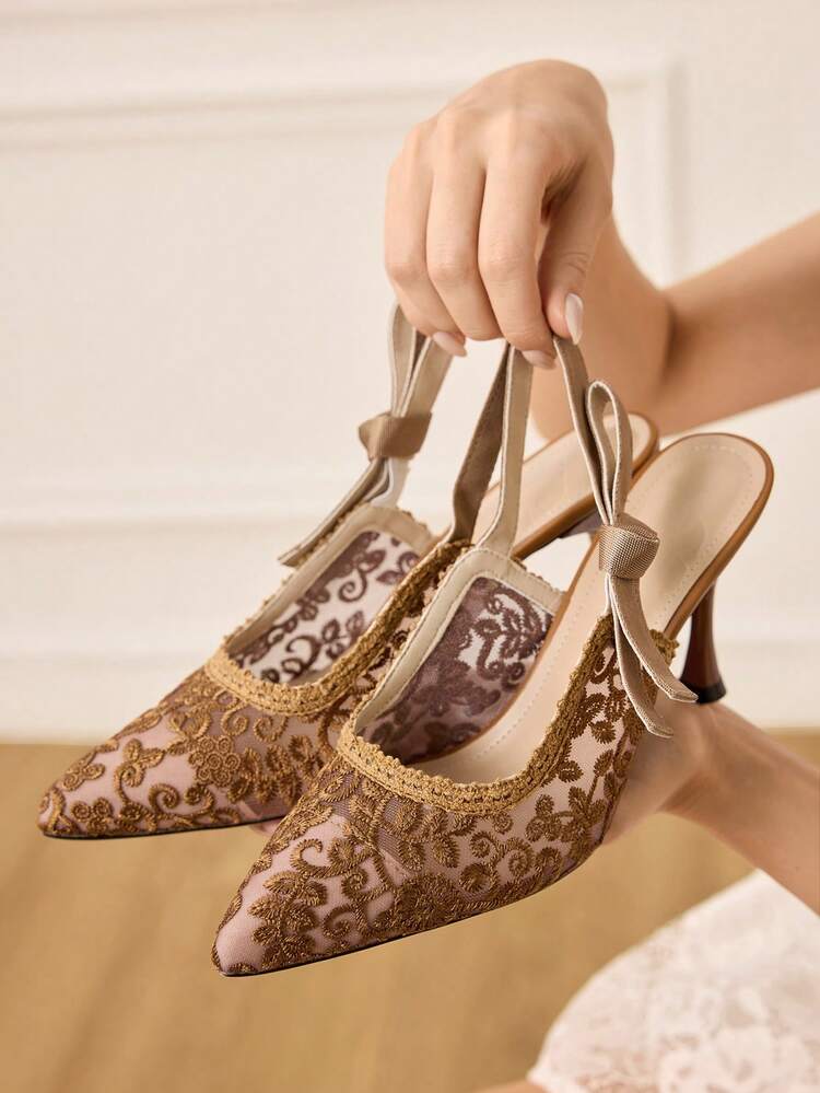 CUCCOO HITCHD Women Shoes Spring/Summer Embroidery Lace Bow Pointed Low Heel Elegant Mesh Shoes Wedding Dating Summer Shoes Wedding Shoes Bride Shoes