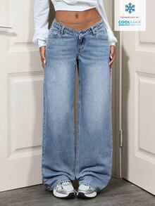 SHEIN Tall Quần jeans nữ cạp thấp, kiểu dáng ICON, phiên bản dài, gợi cảm, ống đứng. - Màu xanh lam - Xem 3