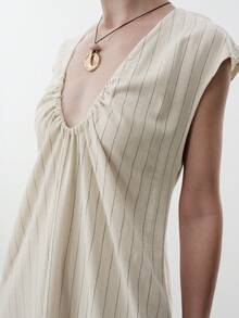 SHEIN Stylify 女士春夏户外连衣裙，优雅时尚，适合新年、情人节、复活节、母亲节、中东婚礼、职场、浪漫假期等场合，亚麻条纹V领抽绳长款连衣裙，无袖，米色/卡其色，带口袋 - 卡其色 - 查看 6