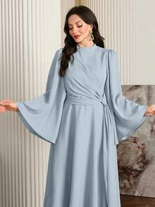 Modelyn Women Elegant Solid Color Bell Sleeve Arabic Dress, Autumn Long Evening Dresses - Blue - View 4