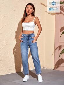 SHEIN PETITE 女士高腰带口袋喇叭宽松休闲牛仔裤 - 藍色 - 查看 4