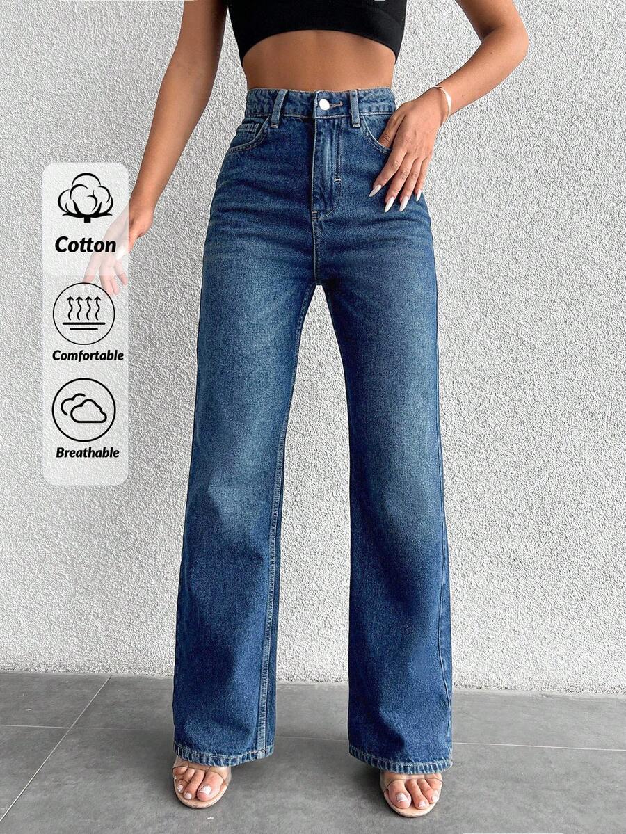 EURMUSE 99%纯棉拉链直筒牛仔裤 - 深色水洗藍 - 查看 1