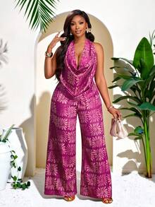 Brilight 女士性感时尚印花露背褶皱上衣和宽松长裤两件套，适合日常休闲穿着，Va - 紫色 - 查看 3