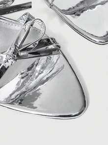 ROMWE Kawaii Silver Bowknot Pointed Toe Stiletto High Heel Sandals, Fashionable Strap Open Toe Dress Shoes For Women Valentine's Day - Silver - View 9