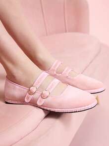 CUCCOO DOLLMOD 女士经典浅粉色双条纹丝绒平底鞋 - 粉色 - 查看 4