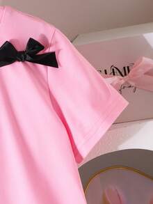 2pcs/Set Young Girl Sweet School Style Ribbon Bow Light Pink Short Sleeve Top & Black Pleated Skirt,Casual Summer T-Shirt Set For Family Matching - Multicolor - View 6