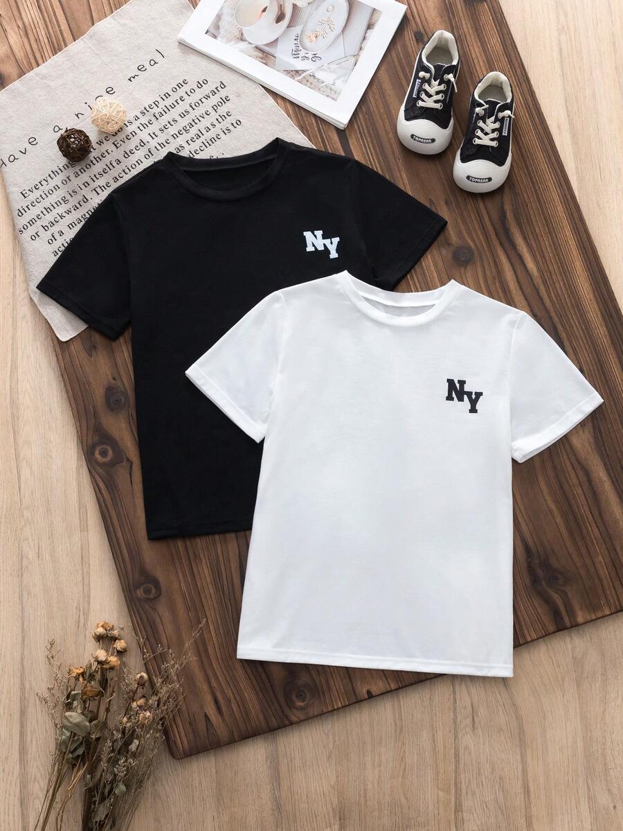 Mirajuku 2 Stücke/Set Jungen Lässig Basic Minimalistisches Buchstaben-Muster Schwarz & Weiß Kurzarm T-Shirts, weiches & bequemes Material geeignet für Alltag, Pendeln, Lässig, Schule und verschiedene Anlässe, können mit Shorts oder Jeans kombiniert werden - Schwarz und Weiss - Übersicht 1