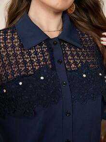Lacomfia Plus Size Women's Navy Blue Summer Elegant Festa Hollow-Out Mesh Patchwork Long Sleeve Lace Rhinestone Blouse Cuff Diamond Decor Fashionable Jacket - Navy Blue - View 8