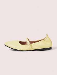 CUCCOO DOLLMOD Women Shoes Light Yellow Pleated Mary Jane Flats, Metal Buckle, Fresh And Comfortable Commuter Dating Temperament Shoes - Light yellow - View 2