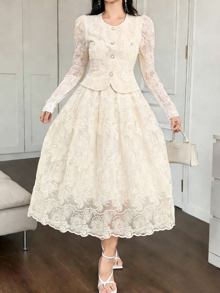 Women's Elegant Lace Round Neck Pocket Petal Sleeve Blouse And A-Line Skirt 2-Piece Set, Spring/Summer