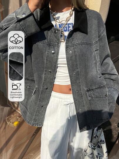DAZY Women's Contrast Color Lapel Loose Oversized Pockets Decor Street Casual Denim Jacket And Coat