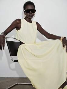 Lumivelle 女士优雅无袖圆领中长款亚麻质感连衣裙，夏季 - 黃色 - 查看 5