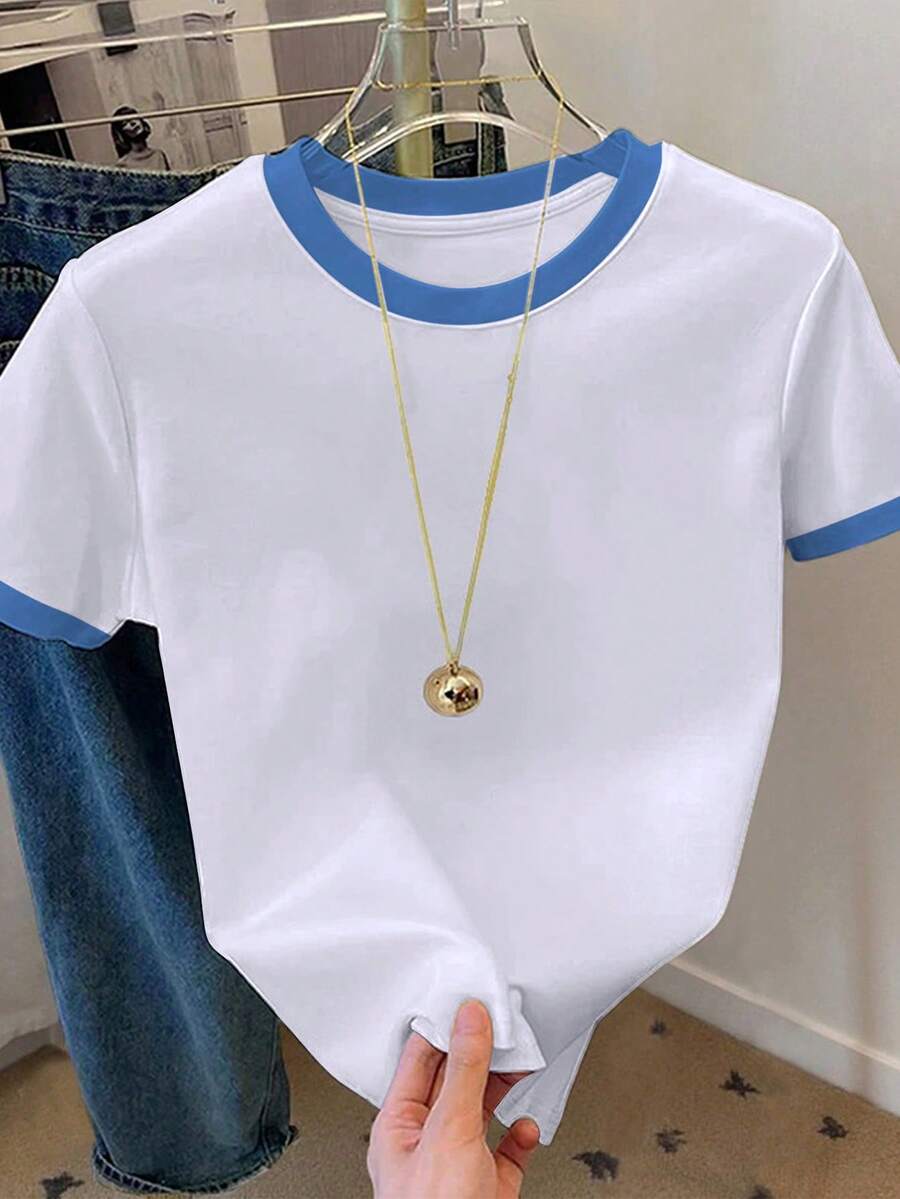 Resyla Maglietta a maniche corte da donna con scollo tondo, colorblock, casual, versatile, adatta per uso quotidiano - Bianco - Visualizzare 1