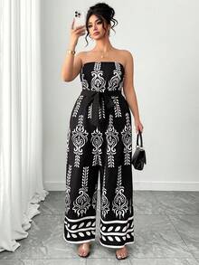 Elenzga Plus Size Women Vacation Style Strapless Wide Leg Jumpsuit - Black - View 5
