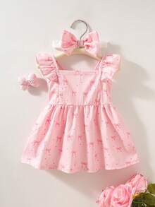 SHEIN Bộ 2 món váy và băng đô không tay in họa tiết hoa màu nước cho bé gái, trang phục sơ sinh với nơ trang trí, thiết kế mở phía trước tiện lợi, phù hợp cho bé từ 0-9 tháng tuổi, dự tiệc, mặc hàng ngày, mềm mại và thoải mái, sản phẩm mới mùa hè 2026. - Màu Hồng baby - Xem 4