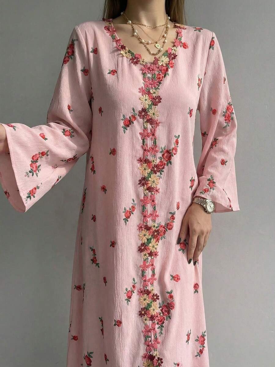Modelyn 女士编织花卉印花荷叶边宽松长袖阿拉伯连衣裙 - 粉色 - 查看 1