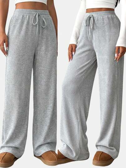 SHEIN Girlism Teen Girls Pants Ribbed Knit Knot Front Wide Leg Pants,Drawstring Waist Detail, Casual And Versatile For Home Wear, Fleece Fabric.