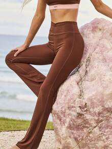 Aralina 休闲运动春夏度假沙滩褶皱前开衩紧身裤 - 棕色 - 查看 3