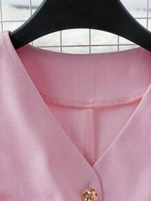 INAWLY Women's Sequin Patchwork Single-Breasted Vest And Pleated Mini Skirt 2 Pieces Set - Pink - View 7