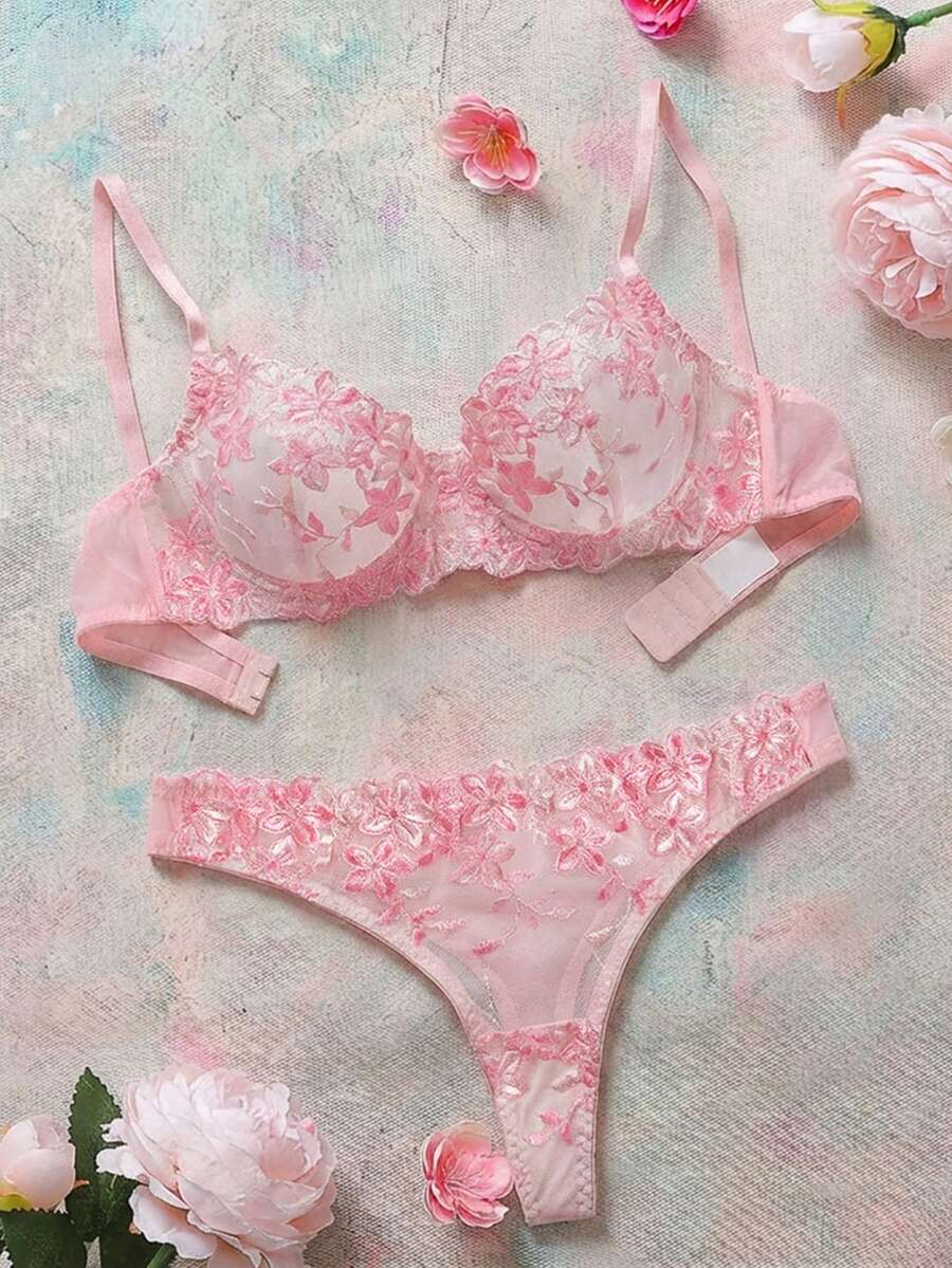 Bộ 2 chiếc áo lót và quần lót có gọng màu hồng lãng mạn dành cho nữ, đồ lót gợi cảm - Hồng - Xem 1