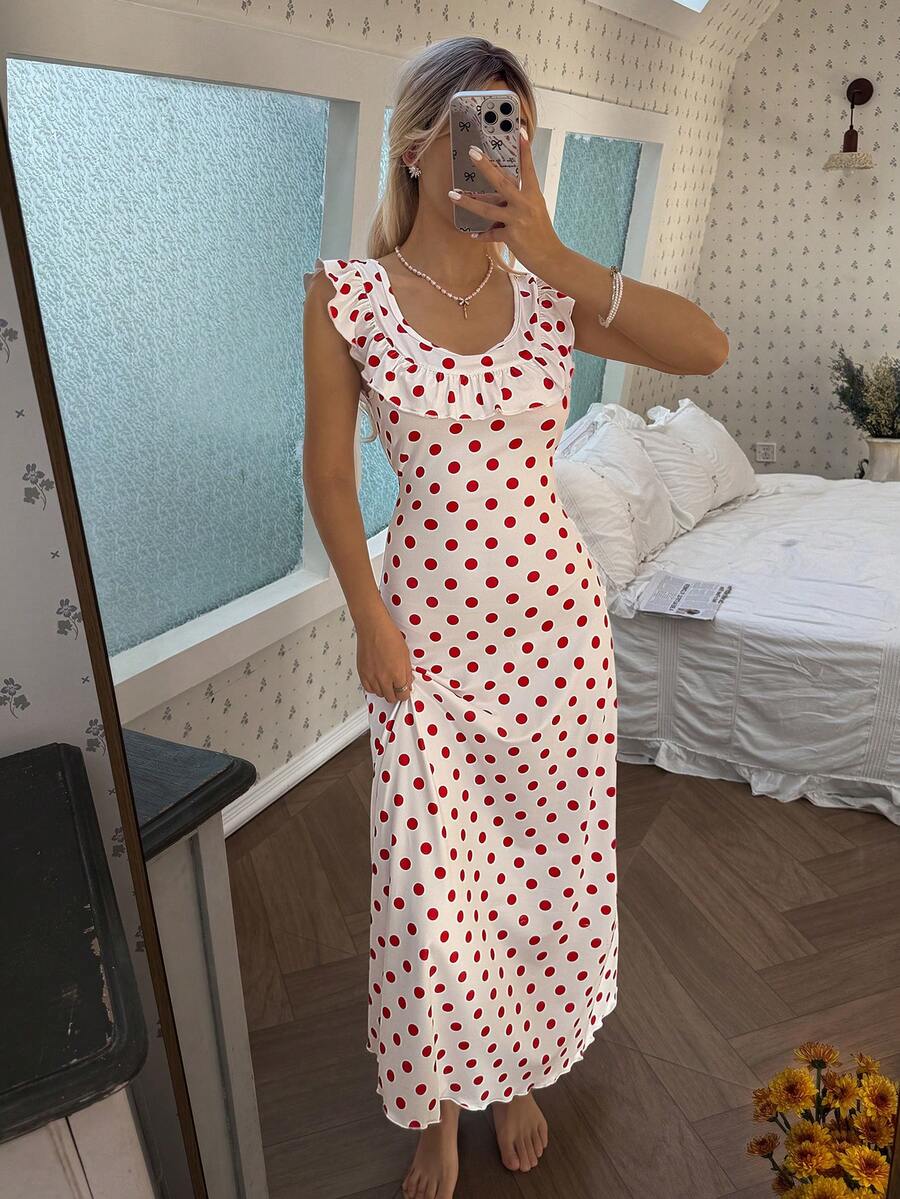 SHEIN Elegant Red Polka Dot Ruffle Hem Dress For Women, Summer - White - View 1