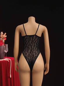 1件装女士性感豹纹镂空网眼胸前镂空吊带连体衣 - 黑色 - 查看 3