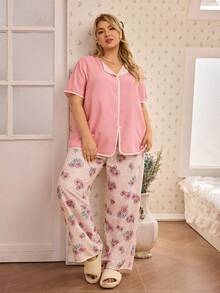 CottageSlumber Plus Size Solid Color Short Sleeve Top&Pink Floral Print Pants Pajama Set,Contrast Decor 2 Piece Sleepwear For Summer,Family Matching Pajama Set - Pink - View 1