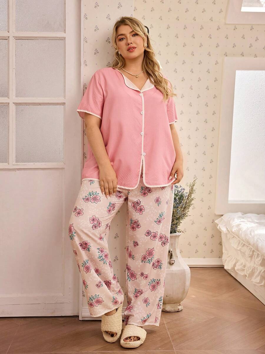 CottageSlumber Plus Size Solid Color Short Sleeve Top&Pink Floral Print Pants Pajama Set,Contrast Decor 2 Piece Sleepwear For Summer,Family Matching Pajama Set - Pink - View 1
