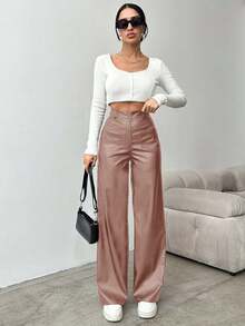 EURMUSE Women's Solid Color High Waist Straight Leg Pants, Suitable For Commuting - Pink - View 5