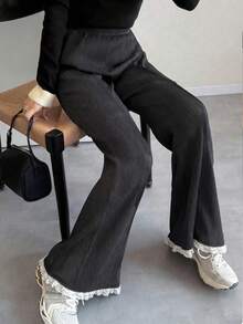 FRIFUL Women's Lace Trim Drawstring Waist Flare Leg Pants - Black - View 2