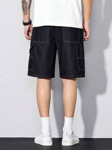 Manfinity Homme Men's Summer Navy Blue Casual Wide Leg Denim Shorts - Dark Wash - View 2