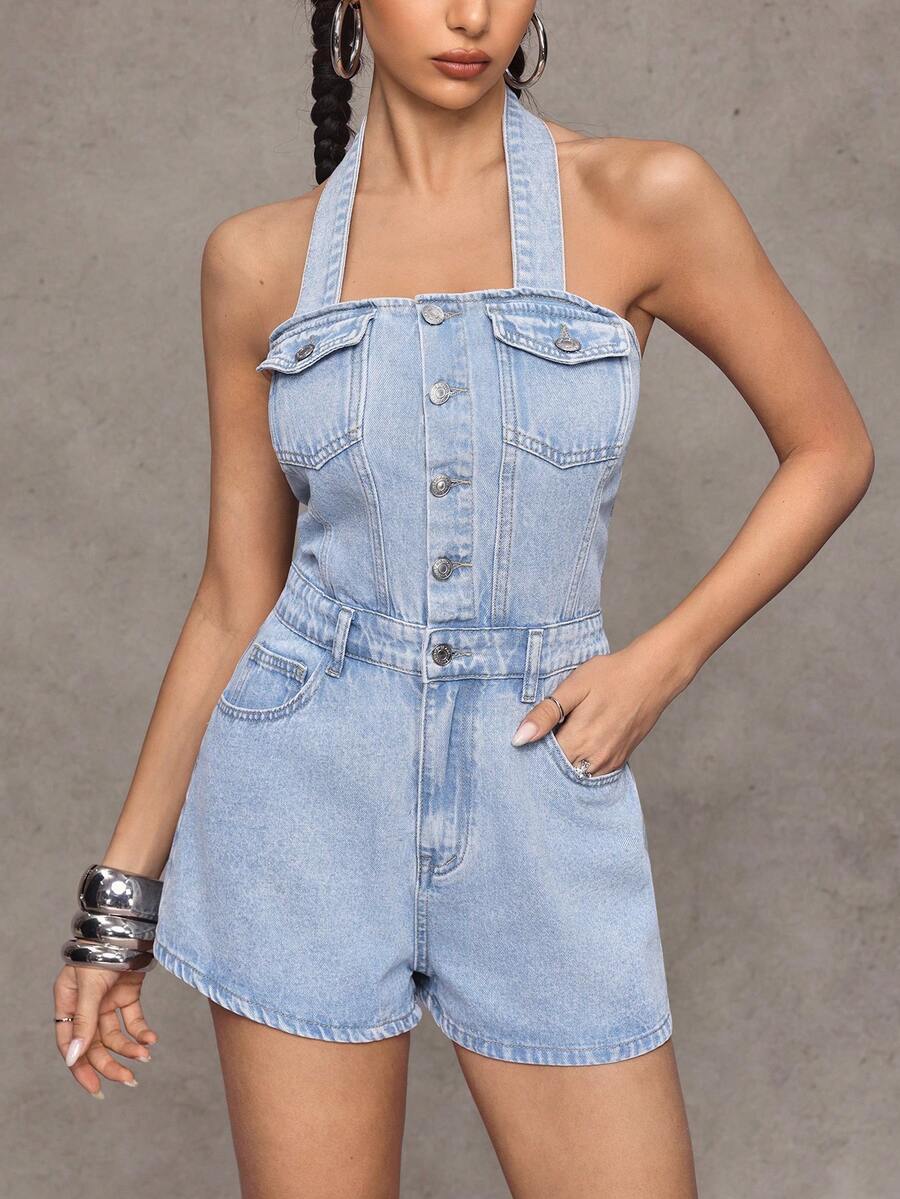 Jeanoix Y2K 时尚口袋露背水洗牛仔连体衣 - 淺色水洗藍 - 查看 1