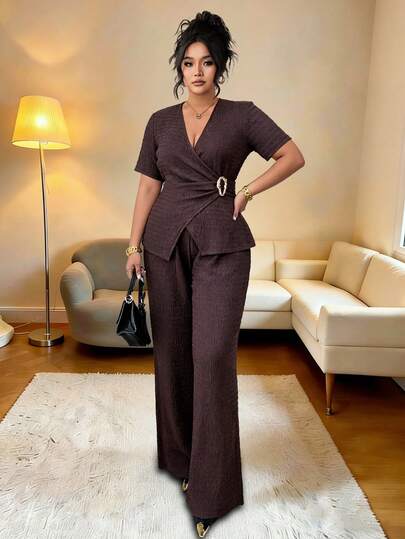Elenzga Plus Size Women French Style Casual Elegant V-Neck Short Sleeve Top And Pants 2 Piece Set Plus Size 2 Piece Sets Lounge Sets Plus Size Plus Size Two Piece Set Brown Two Piece Set Women Plus Size Pant Suit Plus Size Formal Jumpsuit Pantsuit For Women Plus Size Pants Suit Brown 2 Piece Set Wide Leg Pants Set Curve Pants Set