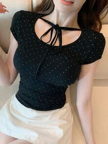 DAZY 女士夏季圆领波点抽绳短袖休闲T恤 - 黑色 - 查看 3