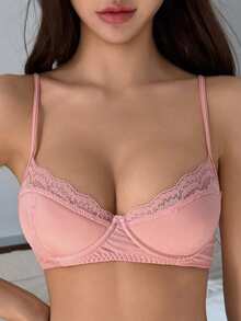 DAZY 超细纤维轻薄衬垫蕾丝拼接可调节细肩带文胸，性感女士春夏内衣 - 淺粉色 - 查看 5