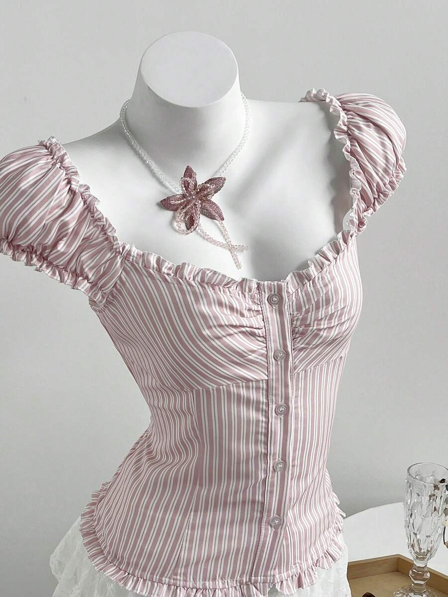 Elamini Women's Light Pink Striped Petal Sleeve Fitted Shirt,1960s Vintage Summer Tea Party Corset Tops And Blouses,Sweet Short Sleeve Shirts For Women - Pink - View 1