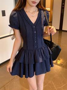 DAZY Women's Solid Color V-Neck Layered Elegant Mid-Length Dress Summer Sundress - Navy Blue - View 4