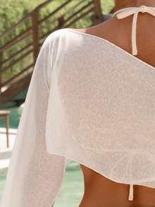 Sirith 女士休闲度假沙滩派对优雅纯色露肩特殊面料两件式泳衣，新款两件式罩衫白色两件套女士白色罩衫泳衣白色罩衫上衣白色两件套度假套装女士两件套白色两件套女士露肩罩衫连衣裙比基尼套装罩衫沙滩装女士罩衫泳衣上衣罩衫女士夏季套装两件式白色露脐上衣系带裙露肩上衣迷你裙女士套装 - 白色 - 查看 6