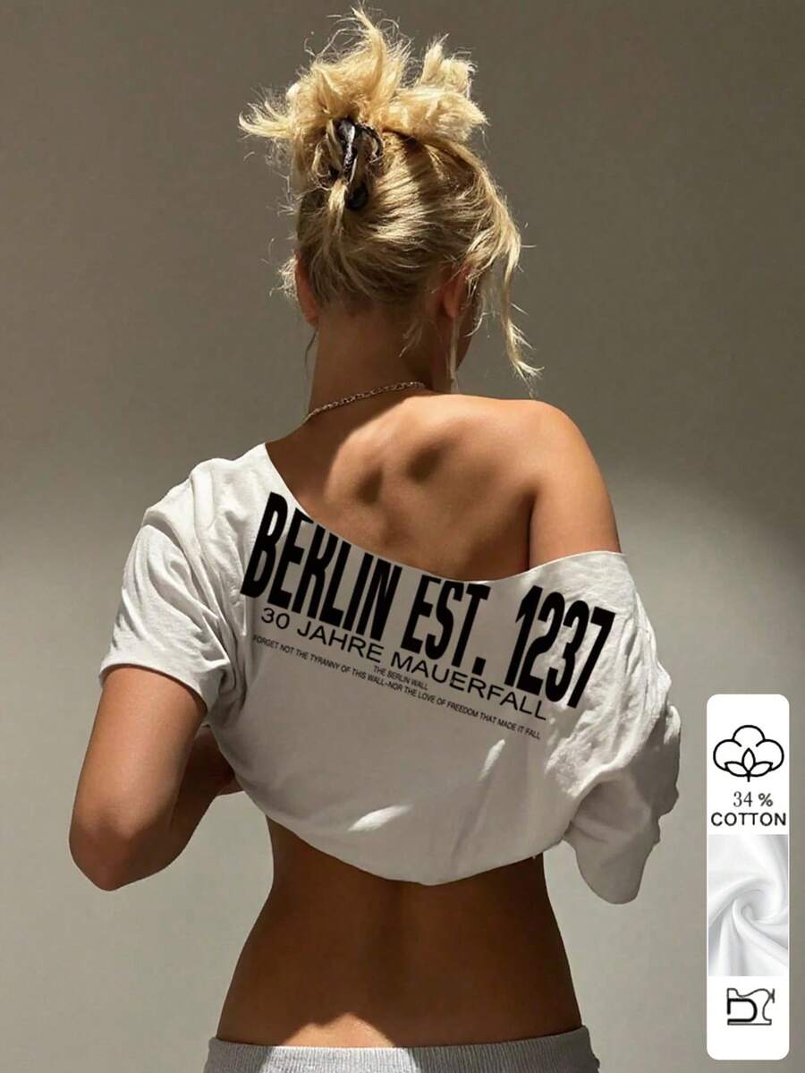 SHEIN 女士标语印花宽松休闲短袖T恤 - 白色 - 查看 1