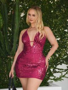 Rustia Plus Size Women's Red Sequin Spaghetti Strap Waist Fitted Summer Party Mini Dress, Flattering For Curvy Figures - Burgundy - View 3