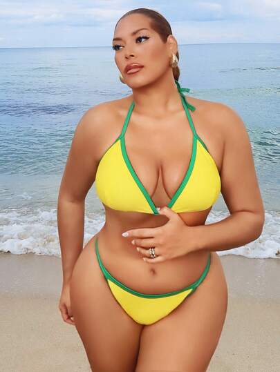 Swim SXY 大码女士沙滩度假比基尼套装，含国旗印花罩衫背心，三件套