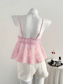 Elamini Women's Summer Vacation Contrast Lace Semi-Sheer Babydoll Cami Top - Pink - View 2