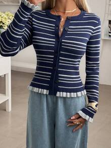 Livesso 女士休闲条纹荷叶边开衫，秋冬款 - 藏蓝色 - 查看 3