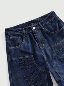 ROMWE MEN 男士休闲宽松压纹图案牛仔裤 - 藍色 - 查看 3