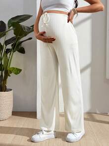 SHEIN Quần ống đứng dáng suông màu trơn có dây rút ở eo dành cho bà bầu - Màu be - Xem 1