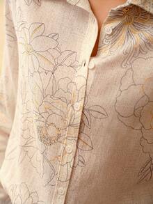 ZEYLAH 亚麻混纺长袖印花衬衫，春夏款 - 杏色 - 查看 3