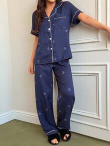 Napfluff Women's Spring/Summer Faux Embroidered Bow Print Short Sleeve Pajama Set - Blue - View 5