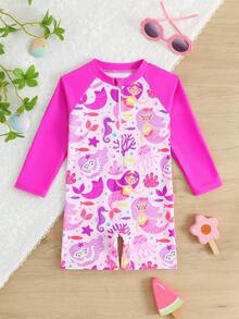 Sparklyn Baby Girls BeachwearBaby Girl Front Zipper Opening Mermaid Underwater World Cute Cartoon Print Contrasting Color Sun Protection Long Sleeved One-Piece One-Piece One-Piece Four Cornered Swimsuit Fashionable, Casual, Cute, Exquisite, Gorgeous, Ladies Suitable For Swimming, Suitable For Summer Vacation, Beach, Beach, Swimming Pool, Summer Party, Leisure Vacation Toddler Beach Wear Baby Girl Rash Guard Swimsuit Full Coverage Toddler Bathing Suit Long Sleeve Toddler Swimsuit Toddler Girl Rash Guard Full Coverage Toddler Bathing Suits - Hot Pink - View 3