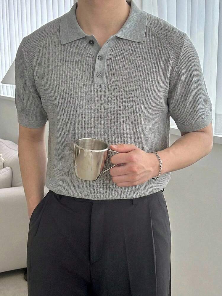 Men's Grey Polo Collar Short Sleeve Knit Top, Summer
