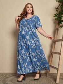 EMERY ROSE Plus Ditsy Floral Long Summer Dress With Sleeves Half Button Maxi Dress - Blue - View 9